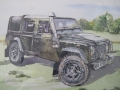 Watercolour painting of a mud spattered Land Rover